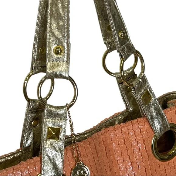 Big Buddha Tote Bag Coral Textured Pattern Gold Trim - Picture 2 of 15